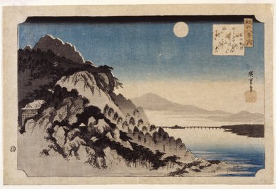 Autumn Moon Over Ishiyama (kolorowy drzeworyt) autorstwa Ando or Utagawa Hiroshige