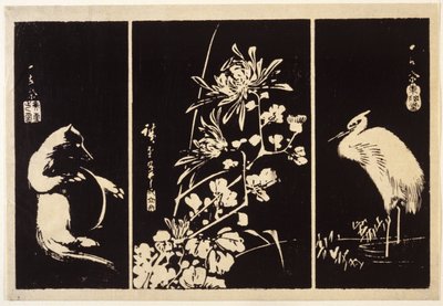 Borsuk, Chryzantemy I Żuraw autorstwa Ando or Utagawa Hiroshige