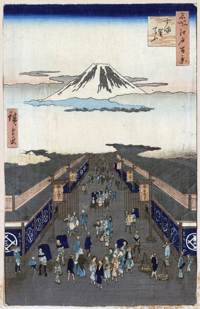 „Sto słynnych widoków Edo” (obecne Tokio): Widok Surugacho (Suruga cho, Suruga-cho). Widok na miasto Tokio w Japonii z górą Fuji w tle. (Surugacho (Sto słynnych widoków Edo). Japońska grafika Utagawa Hiroshige (1797-1858) autorstwa Ando or Utagawa Hiroshige