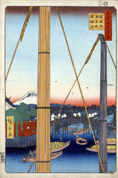 „Sto słynnych widoków Edo” (dzisiejsze Tokio): most Inari i świątynia Minato w Teppozu. Widok na miasto Tokio w Japonii z górą Fuji w tle. (Sanktuarium portowe i most Inari w Teppozu (sto słynnych widoków Edo). Wydruk w Japonii autorstwa Ando or Utagawa Hiroshige