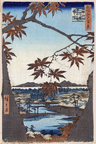 „Sto słynnych widoków Edo” (dzisiejsze Tokio): Liście klonu w Mama ze świątynią Tekona i mostem Tsugi. Widok na miasto Tokio w Japonii. (Liście klonu i świątynia Tekona i most w Mama (sto słynnych widoków Edo). Japoński druk drzeworytu autorstwa Ando or Utagawa Hiroshige