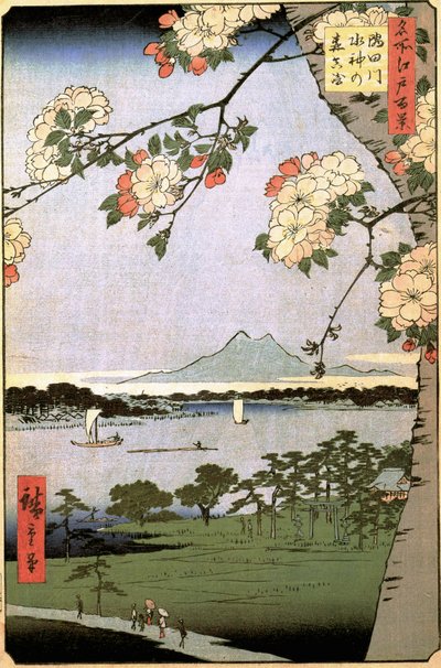 „Sto słynnych widoków Edo” (dzisiejsze Tokio): Lasy Massaki i Suijin nad brzegiem rzeki Sumida za gałęziami wiśni. Widok na miasto Tokio w Japonii. (Massaki i gaj Suijin nad rzeką Sumida (sto słynnych widoków E autorstwa Ando or Utagawa Hiroshige