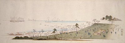 Czas kwitnienia wiśni, ludzie piknikujący w Gotenyama (kolorowy drzeworyt) autorstwa Ando or Utagawa Hiroshige