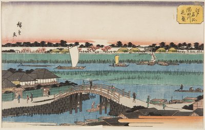 Wiśniowe kwiaty w pełnym rozkwicie wzdłuż rzeki Sumida (Sumidagawa hanazakari) (kolorowy drzeworyt) autorstwa Ando or Utagawa Hiroshige