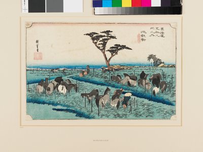 Chiryū: Wczesne letnie targi koni autorstwa Ando or Utagawa Hiroshige