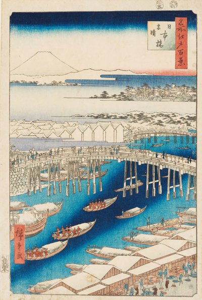 Polowanie po śniegu na moście Nihonbashi autorstwa Ando or Utagawa Hiroshige
