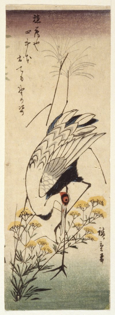Żuraw z dziką gorczycą (drzeworyt kolorowy) autorstwa Ando or Utagawa Hiroshige