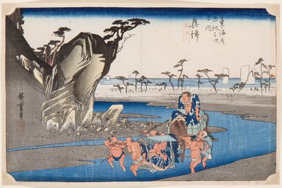 Deux lutteurs de sumo traversant la riviere Okitsu Estampe de Utagawa Hiroshige (1797-1858), vers 1830 – Dwóch zapaśników przekraczających rzekę Okitsu w pobliżu Okitsu, Hiroshige, Utagawa (1797-1858). Kolorowy drzeworyt autorstwa Ando or Utagawa Hiroshige