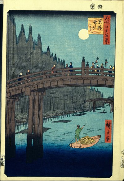 Japoński drzeworyt: The Bamboo Wharf autorstwa Kyobashi Bridge (Tokio, Japonia). Seria stu słynnych widoków Edo. (Bamboo Quay przy Kyobashi Bridge, Sto słynnych widoków Edo). Praca Utagawa Hiroshige (1797-1858), drzeworyt (39x26 cm) autorstwa Ando or Utagawa Hiroshige