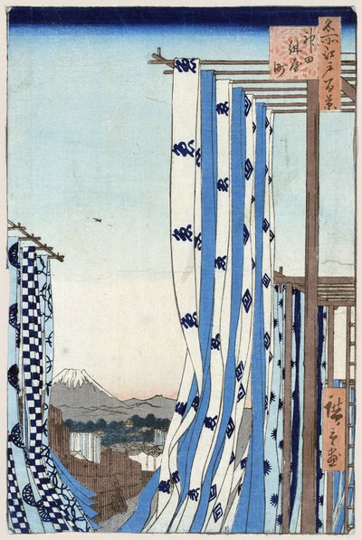 Ryciny japońskie: Dzielnica farbiarzy w Kanda (Tokio, Japonia). W tle widać górę Fuji. Seria stu słynnych widoków Edo. (Dzielnica Dyers w Kanda. Sto słynnych widoków Edo). Praca Utagawy Hiroshige (1797-1858), grawer autorstwa Ando or Utagawa Hiroshige