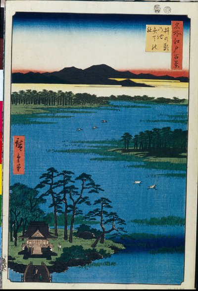 Japoński drzeworyt: The Benten Shrine na brzegu jeziora Inokashira (Tokio, Japonia) Seria stu słynnych widoków Edo (Benten Shrine at the Inokashira Pond, 100 Famous Views of Edo) - Praca Utagawy Hiroshige (1797-1858) , drzeworyt (39x26 cm autorstwa Ando or Utagawa Hiroshige
