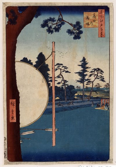 Japońska grafika: Hipodrom w Takata (Tokio, Japonia). (Seria sto słynnych widoków Edo). (Tor konny w Takacie. Sto słynnych widoków Edo). Praca Utagawy Hiroshige (1797-1858), drzeworyt autorstwa Ando or Utagawa Hiroshige