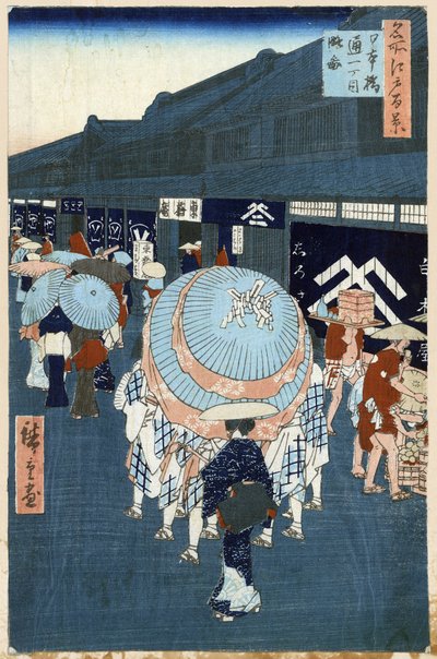 Japoński drzeworyt: Widok na główną ulicę Nihonbashidori (Tokio, Japonia). Seria stu słynnych widoków Edo. (Widok Pierwszej Ulicy na Nihonbashidori. Sto słynnych widoków Edo). Praca Utagawy Hiroshige (1797-1858), drzeworyt autorstwa Ando or Utagawa Hiroshige