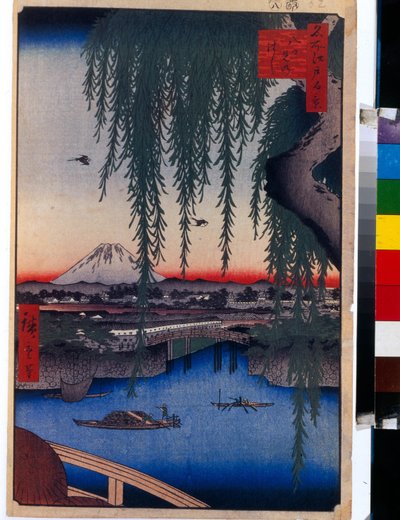 Grafika japońska: Widok mostu Yatsumi (Tokio, Japonia). Seria stu słynnych widoków Edo. (Widok na most Yatsumi, sto słynnych widoków Edo). Praca Utagawa Hiroshige (1797-1858), drzeworyt (37x24 cm) autorstwa Ando or Utagawa Hiroshige