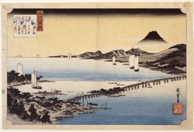 Evening Glow At Seta (kolorowy drzeworyt) autorstwa Ando or Utagawa Hiroshige