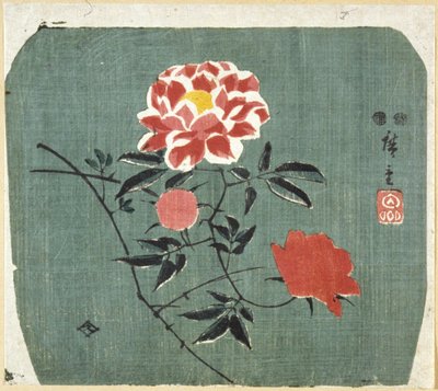 Nadruk wachlarza: róża autorstwa Ando or Utagawa Hiroshige