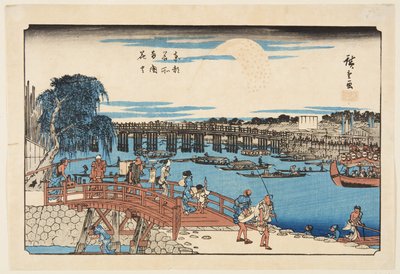 Fajerwerki na moście Ry?goku (Ry?goku hanabi) (kolorowy drzeworyt) autorstwa Ando or Utagawa Hiroshige