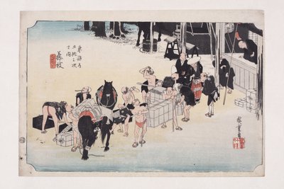 Fujieda: Change Porters and Horses (Fujieda, jinba tsugitate) (kolorowy drzeworyt) autorstwa Ando or Utagawa Hiroshige