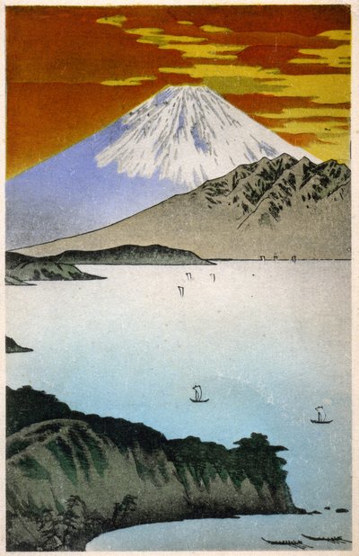 Geografia. Japonia. Wschód słońca na górze Fuji. Drzeworyt Hiroshige w: Pięćdziesiąt trzy stacje Tokaido (1833-1834). Pocztówka, Japonia, ok. 1900 (pocztówka) autorstwa Ando or Utagawa Hiroshige