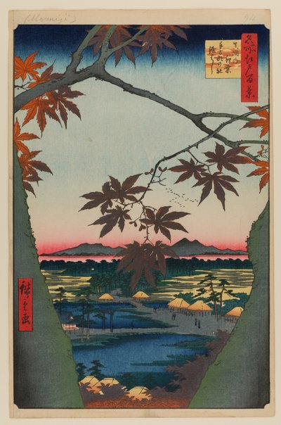 Drzewa klonowe w Mama, świątynia Tekona i połączony most autorstwa Ando or Utagawa Hiroshige