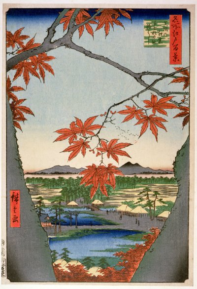 Maples at Mama, z cyklu „100 widoków słynnych miejsc w Edo” („Meisho Edo hyakkei”), wyd. autor: Uoya Eikichi autorstwa Ando or Utagawa Hiroshige