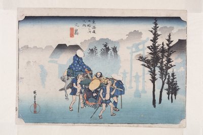 Mishima: Morning Mist (Mishima, asagiri) (kolorowy drzeworyt) autorstwa Ando or Utagawa Hiroshige