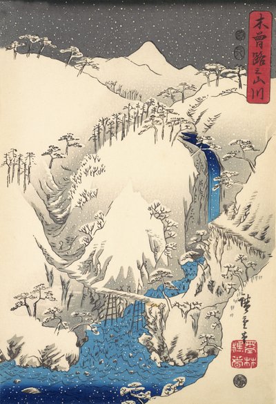 Góry i rzeki wzdłuż Kiso Road, wyd. 1857 (kolorowy drzeworyt) autorstwa Ando or Utagawa Hiroshige