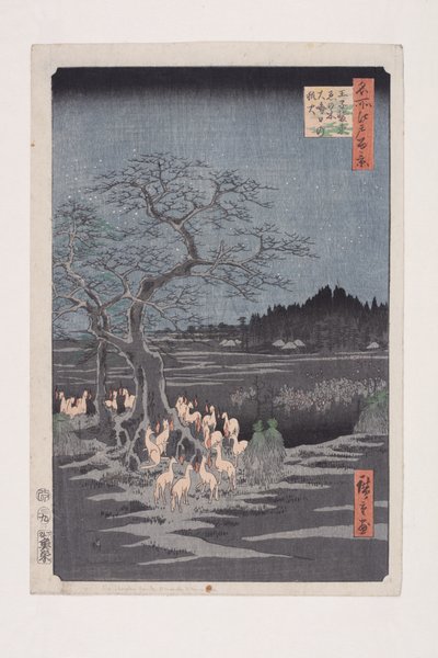 Sylwester Foxfires at the Change Tree, ?ji (?ji Sh?zoku enoki ?misoka no kitsunebi) (kolorowy drzeworyt) autorstwa Ando or Utagawa Hiroshige