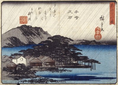Night Rain At Karasaki (kolorowy drzeworyt) autorstwa Ando or Utagawa Hiroshige