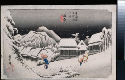 Night Snow, Kambara”, z cyklu „Pięćdziesiąt trzy stacje Tokaido” autorstwa Ando or Utagawa Hiroshige