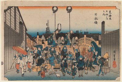 Nihonbashi, z „Pięćdziesiąt trzy stacje na autostradzie Tokaido”, c.1834 (odbitka drewniana) autorstwa Ando or Utagawa Hiroshige