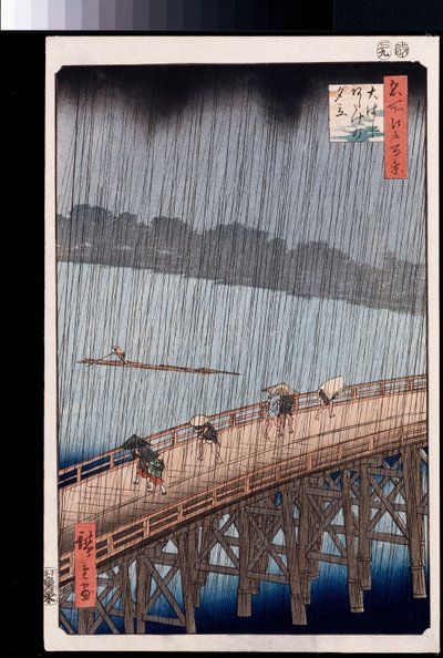 „Ohashi, nagły prysznic w Atake”, z serii „Sto widoków znanych miejsc w Edo” autorstwa Ando or Utagawa Hiroshige
