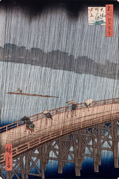 Ohashi, Nagły prysznic w Atake, z serii „Sto widoków znanych miejsc w Edo” autorstwa Ando or Utagawa Hiroshige