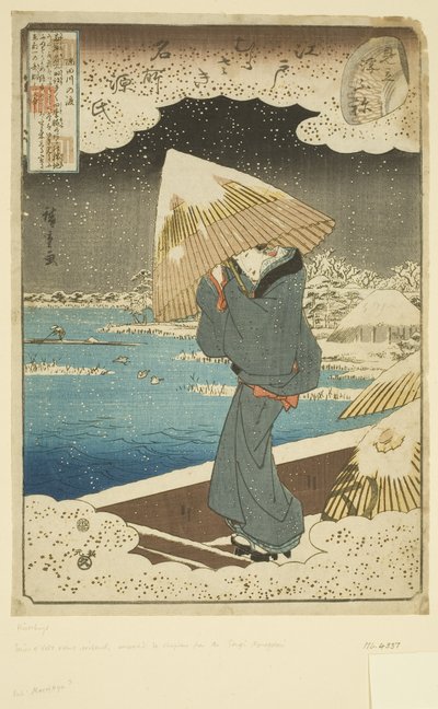 Parodia rozdziału Ukifune: Prom na rzece Sumida (kolorowy drzeworyt) autorstwa Ando or Utagawa Hiroshige