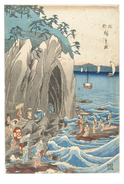 Pielgrzymka na wystawę posągu Benzaitena w głównym sanktuarium Iwaya w Enoshimie w prowincji Sagami, ok. 1847-1852 (drewnodruk na papierze) autorstwa Ando or Utagawa Hiroshige