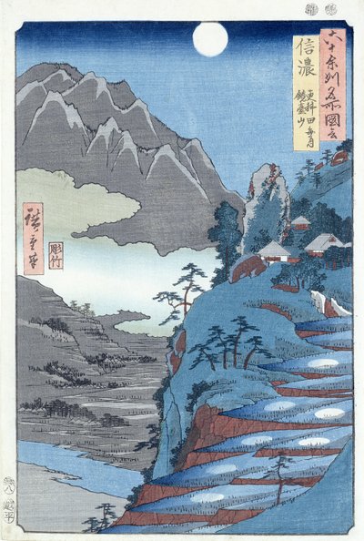 Odbity księżyc, Sarashima (drewnodruk) autorstwa Ando or Utagawa Hiroshige