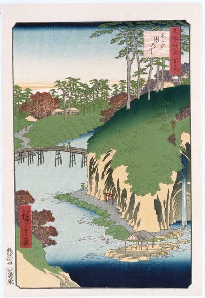 Rzeka Wodospadów, Oji, z serii „Sto widoków znanych miejsc w Edo” autorstwa Ando or Utagawa Hiroshige