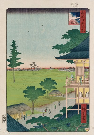 Sazai Hall, Five Hundred Raken [Świątynia]”, z serii „Sto widoków słynnych miejsc w Edo” autorstwa Ando or Utagawa Hiroshige