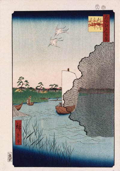 Rozproszona sosna wzdłuż rzeki Tone, z serii „Sto widoków znanych miejsc w Edo” autorstwa Ando or Utagawa Hiroshige