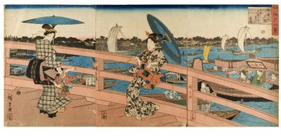 Sunset Glow at Ryogoku Bridge z serii Osiem widoków słynnych miejsc w Edo, ok. 1843-1847 (drewno na papierze) autorstwa Ando or Utagawa Hiroshige