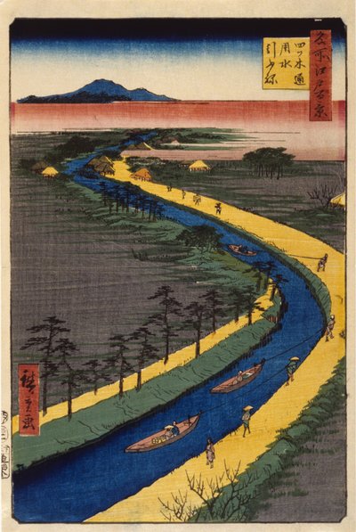 Holowniki na kanale Yotsugidōri (drzeworyt kolorowy) autorstwa Ando or Utagawa Hiroshige