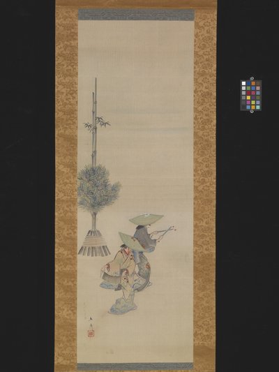 Dwie tańczące kobiety w kapeluszach (tusz i kolor na jedwabiu) autorstwa Ando or Utagawa Hiroshige