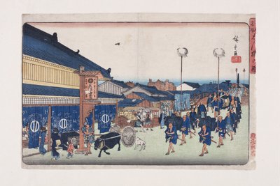 Widok Shinbashi (Shinbashi no zu) (kolorowy drzeworyt) autorstwa Ando or Utagawa Hiroshige