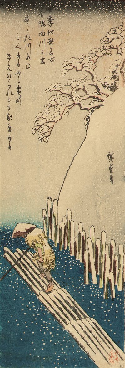 Zimowy śnieg na rzece Sumida, z serii Słynne miejsca w Edo w czterech porach roku (drzeworyt) autorstwa Ando or Utagawa Hiroshige