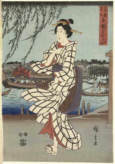 Kobieta spacerująca nad brzegiem rzeki, pub.C1848 (drzeworyt kolorowy) autorstwa Ando or Utagawa Hiroshige