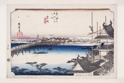 Yoshida: Tetoyokawari er B Ridge (Yoshida, Toyokawabashi) autorstwa Ando or Utagawa Hiroshige