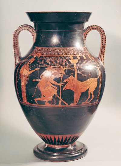 Czerwonofigurowa amfora brzuszna na strychu przedstawiająca Herkulesa chwytającego Cerbera, Grek, z Aten, VI w. p.n.e. (garncarstwo) autorstwa Andokides Painter