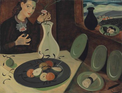 Talerz z owocami i kobieta z kwiatami w wazonie autorstwa Andre Derain