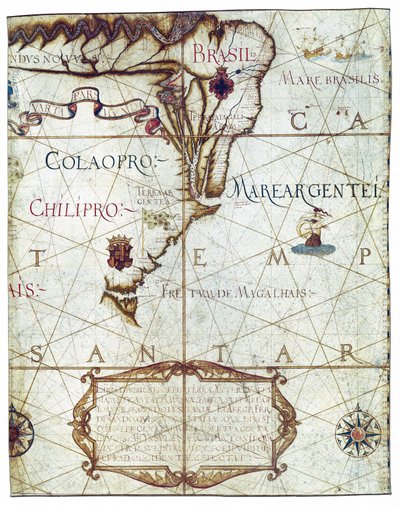 Mapa Ameryki Południowej, w Universa i Navigabilis Totius Terrarum Orbis Descriptio 1559 (kolorowy rękopis) autorstwa André Homem