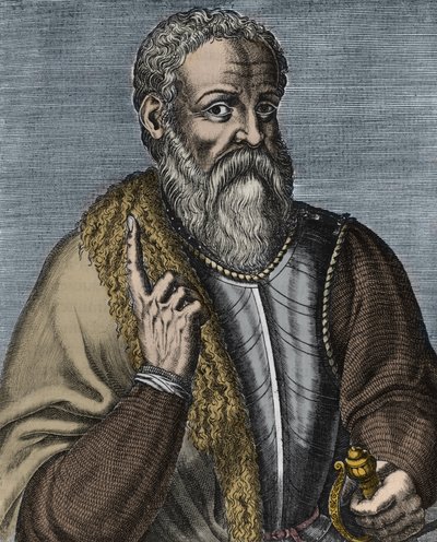 Hernando Cortez lub Cortes (1485-1547) Grawerowanie hiszpańskiego konkwistadora według Andre Thevet (1516-1590) - Portret konkwistadora Hernan (ou Hernando) Cortes ou Fernand Cortez (1485-1547) autorstwa Andre (after) Thevet